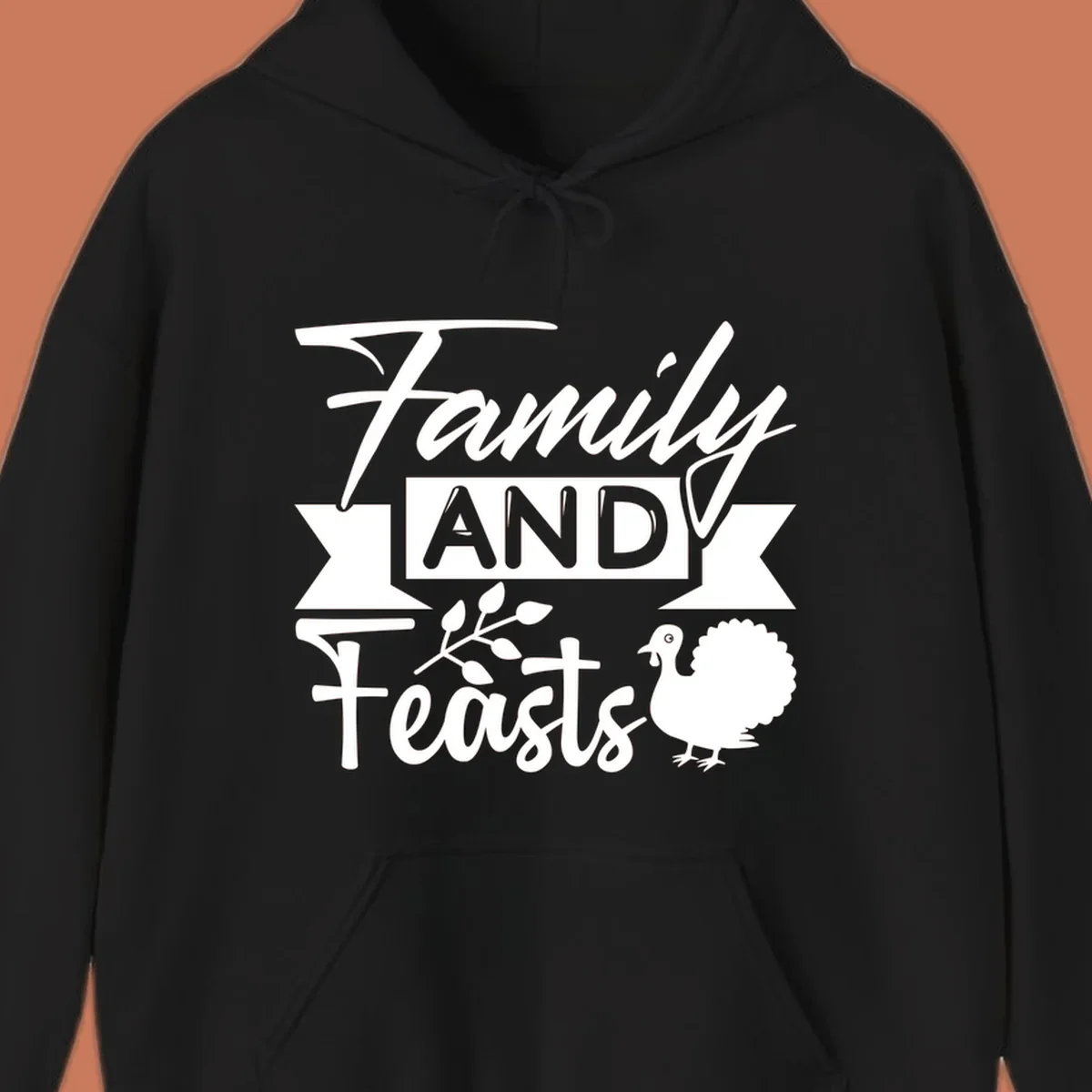 Family and Feasts design with typography, turkey, and leafy branch.