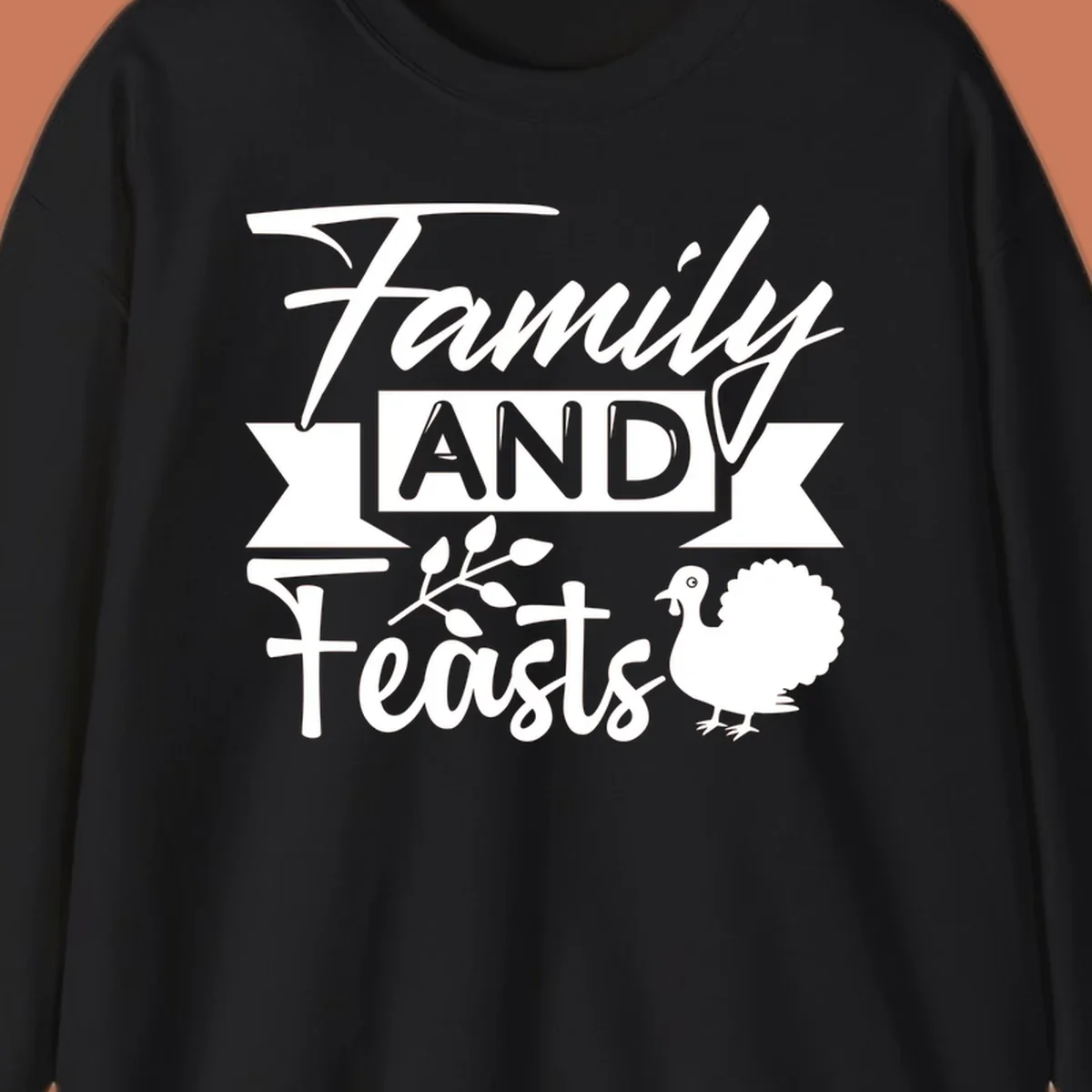 Family and Feasts design with typography, turkey, and leafy branch.