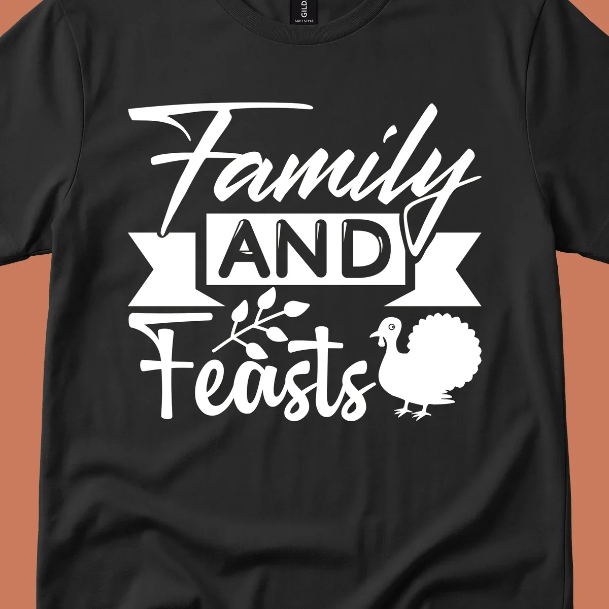 Family and Feasts design with typography, turkey, and leafy branch.
