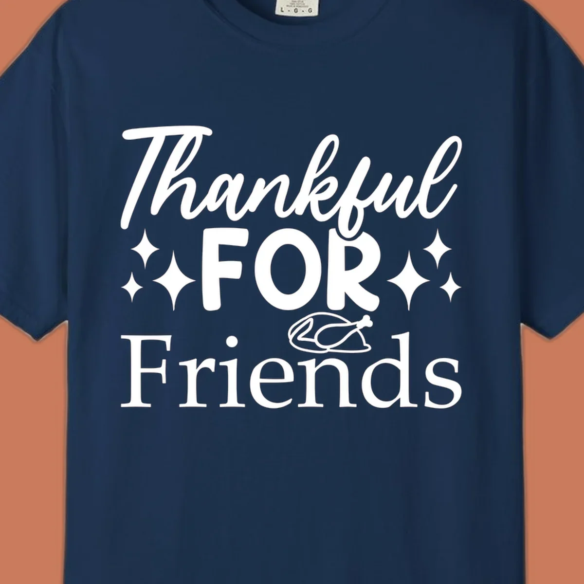 Thankful for Friends typography design with stars and chicken illustration.