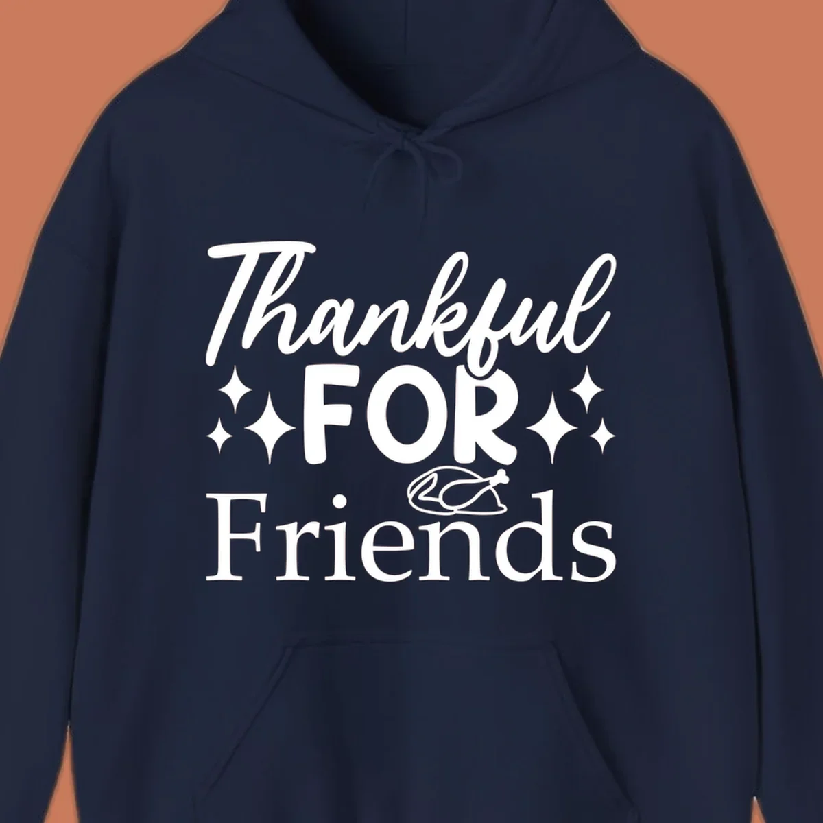 Thankful for Friends typography design with stars and chicken illustration.