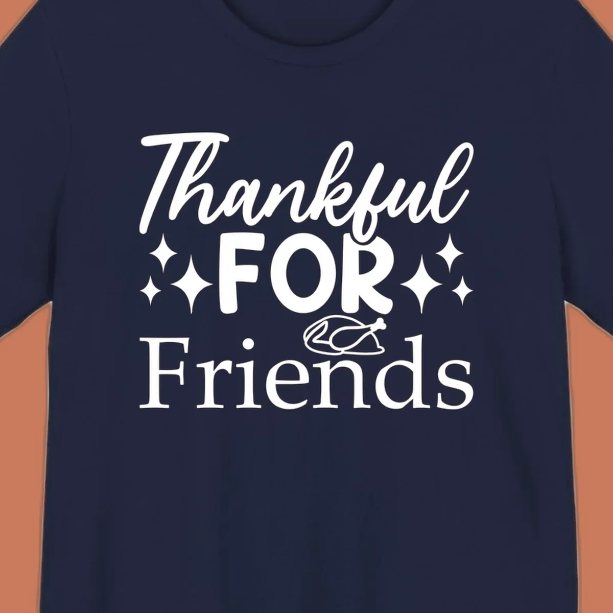 Thankful for Friends typography design with stars and chicken illustration.