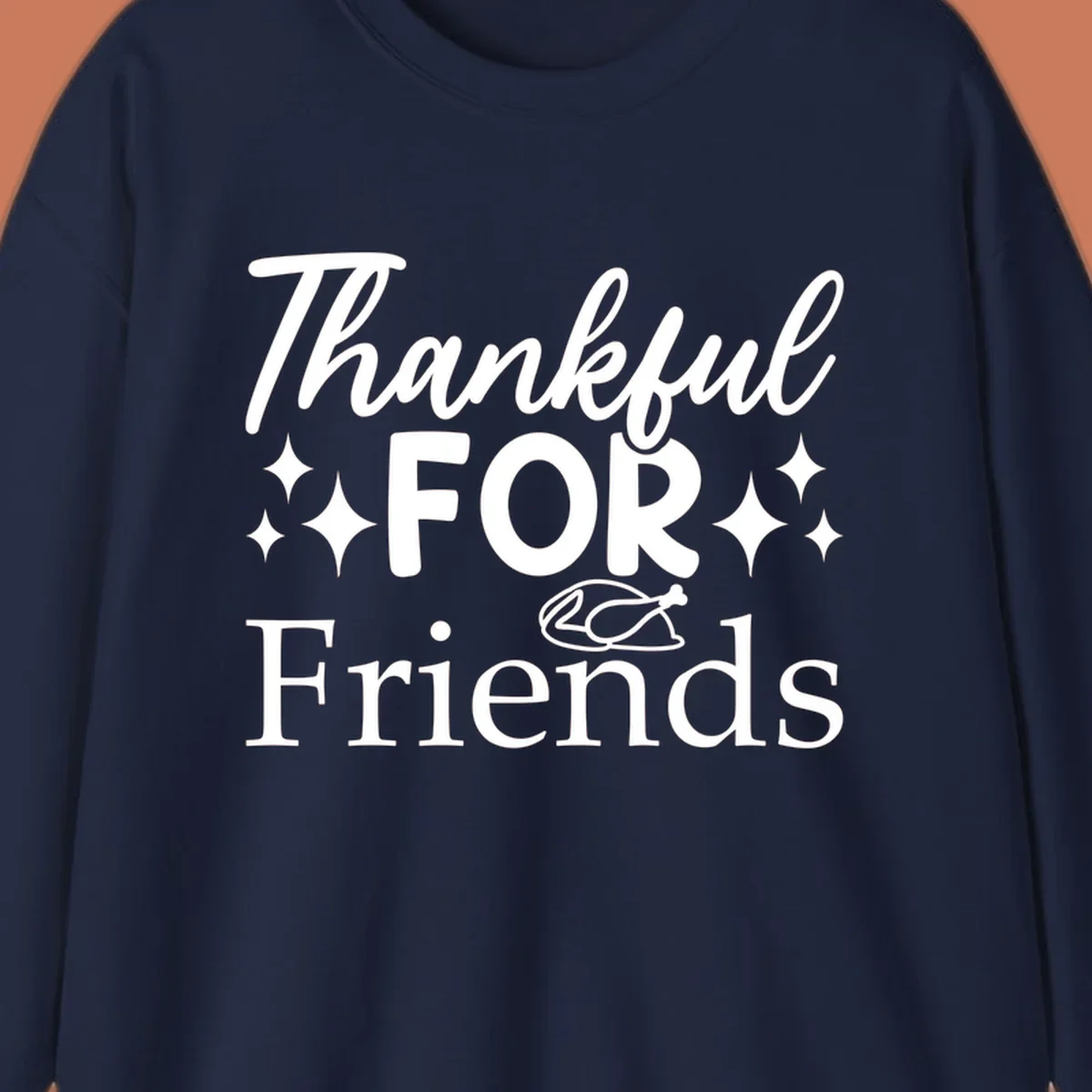 Thankful for Friends typography design with stars and chicken illustration.