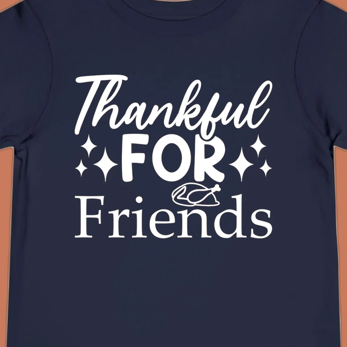 Thankful for Friends typography design with stars and chicken illustration.