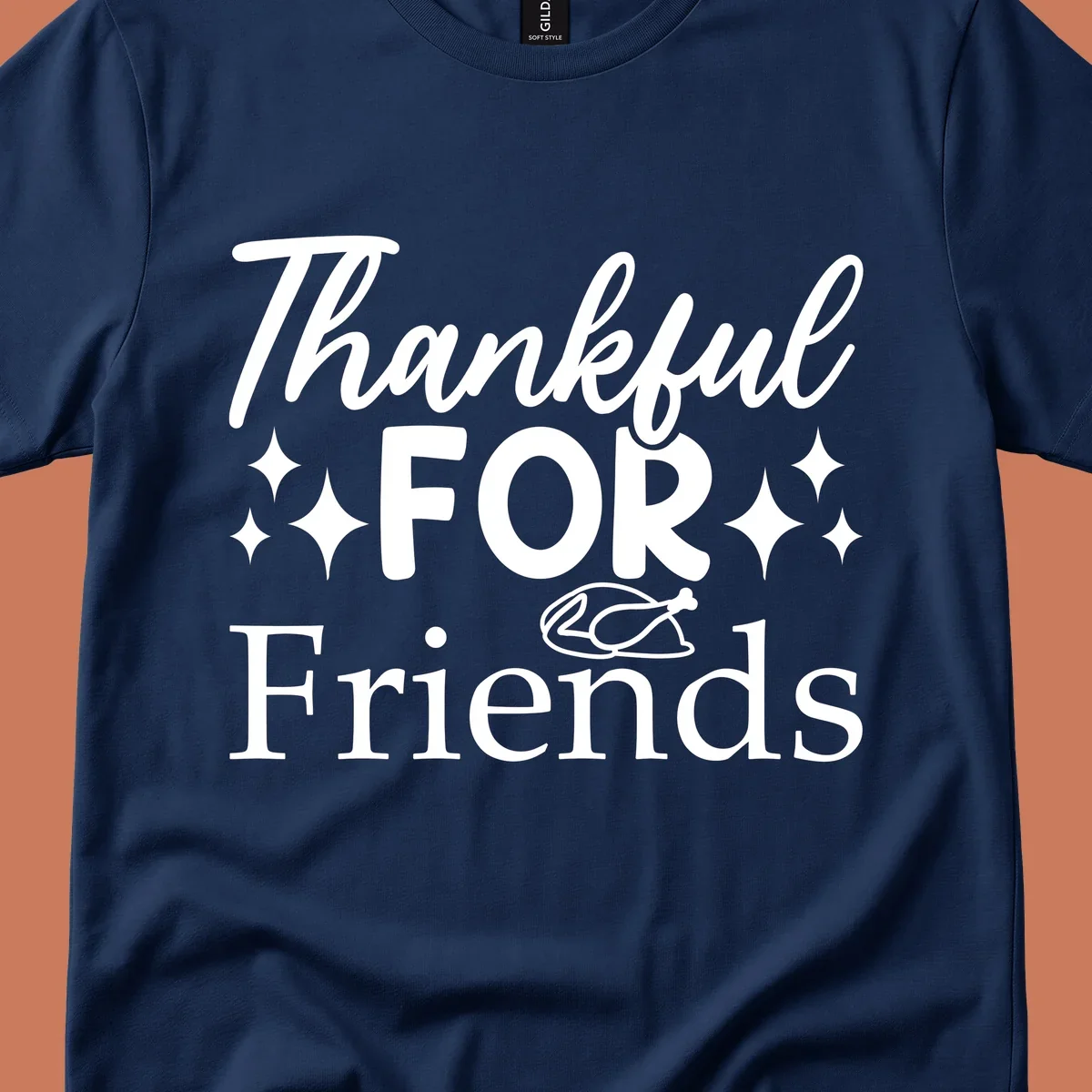 Thankful for Friends typography design with stars and chicken illustration.