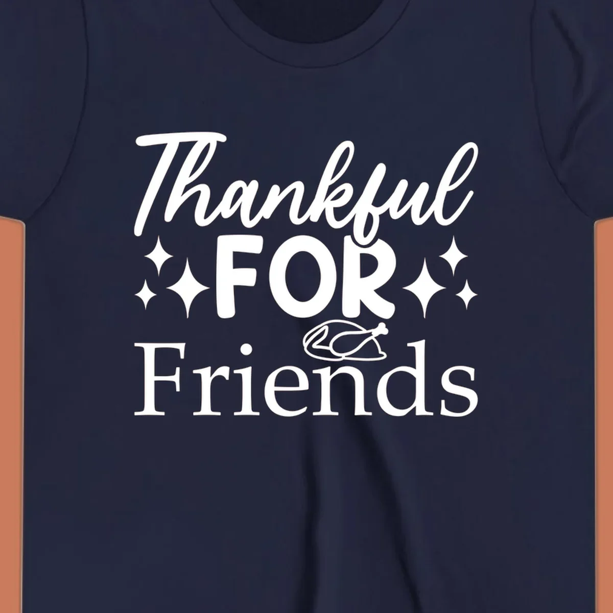 Thankful for Friends typography design with stars and chicken illustration.