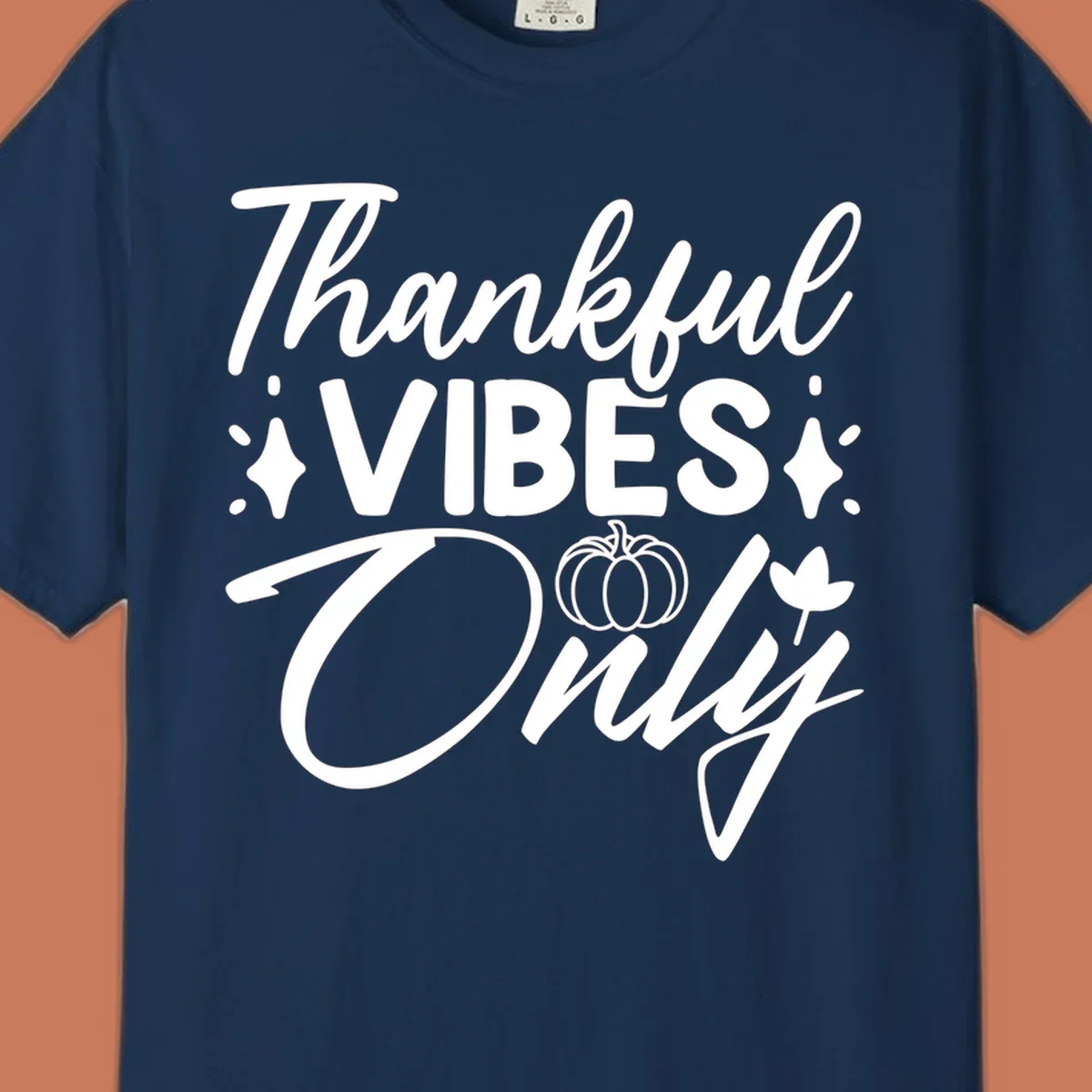 Thankful Vibes Only graphic with pumpkin and flower, white text on black.
