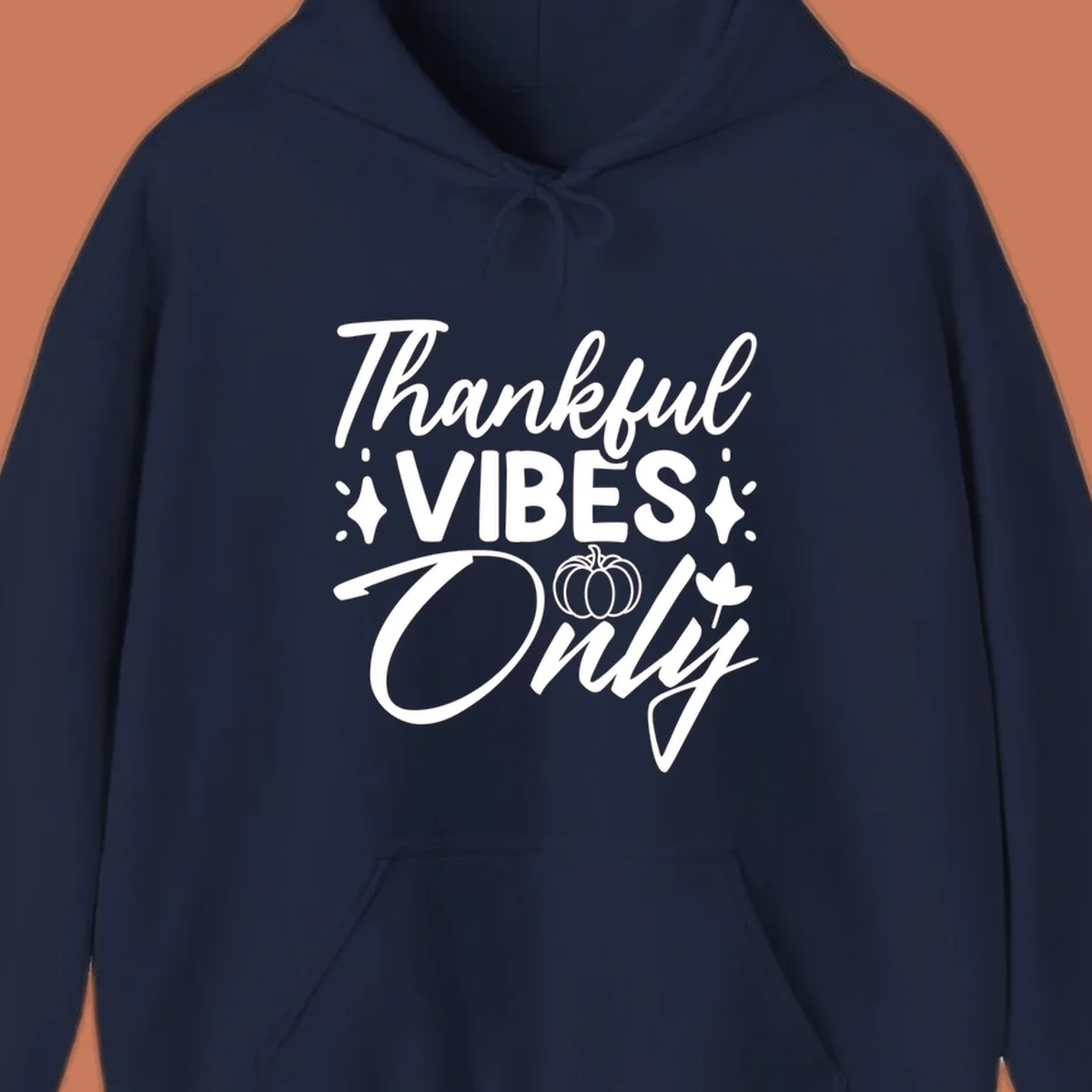 Thankful Vibes Only graphic with pumpkin and flower, white text on black.