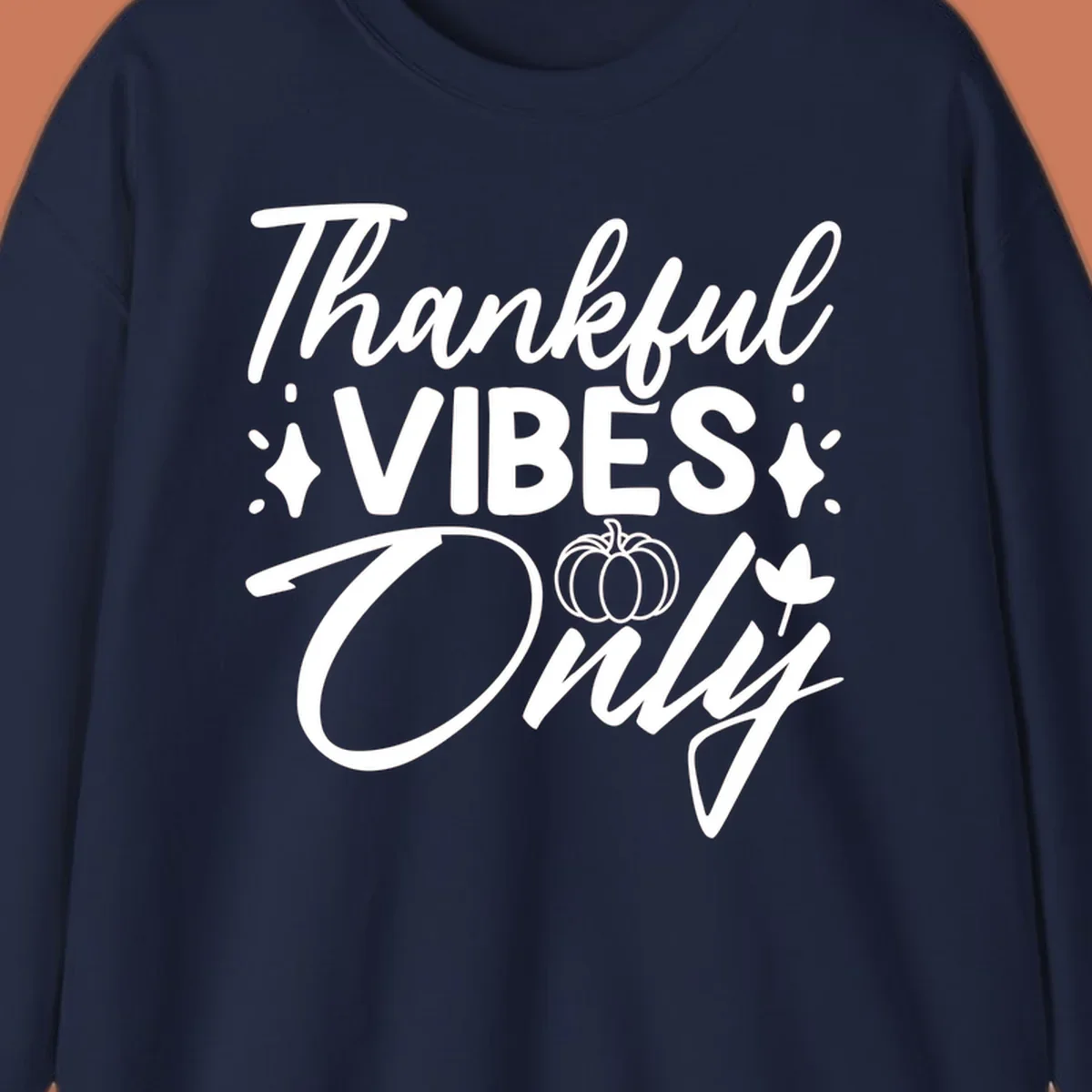 Thankful Vibes Only graphic with pumpkin and flower, white text on black.