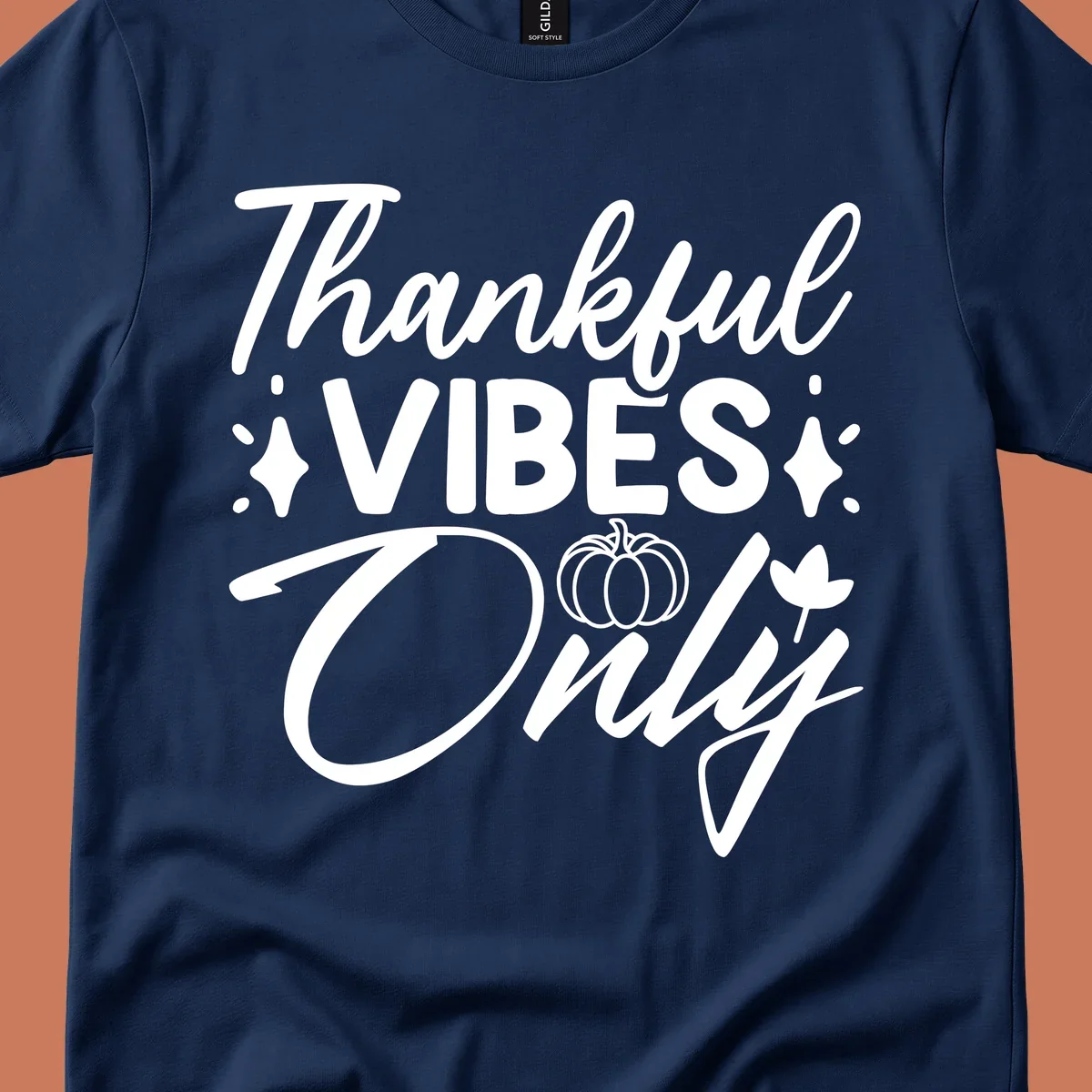 Thankful Vibes Only graphic with pumpkin and flower, white text on black.