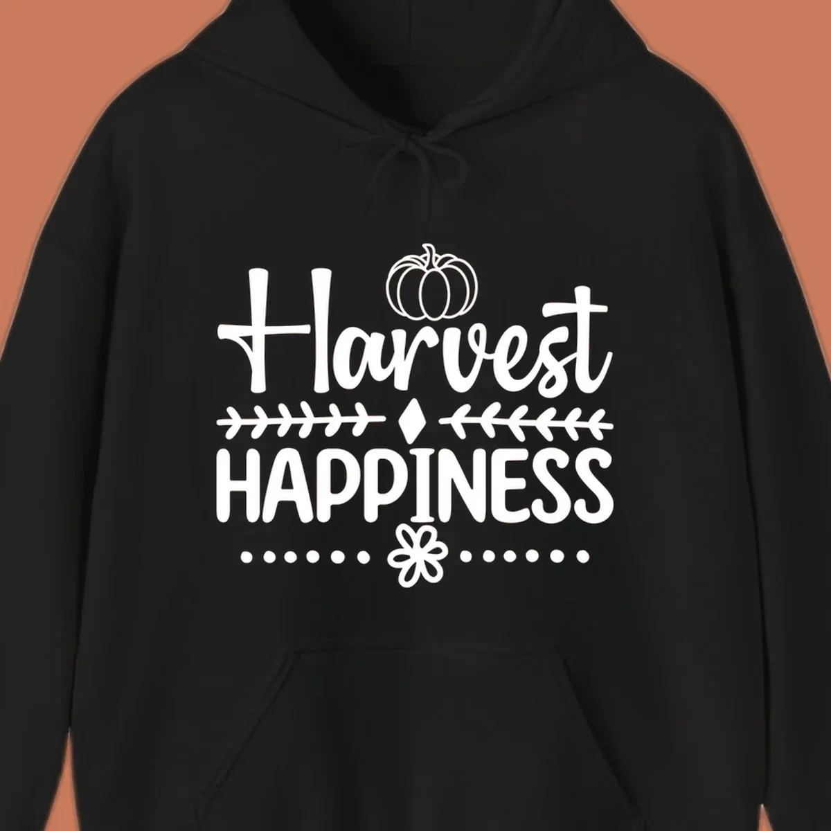 Harvest Happiness autumn sentiment design with pumpkin and floral accents.