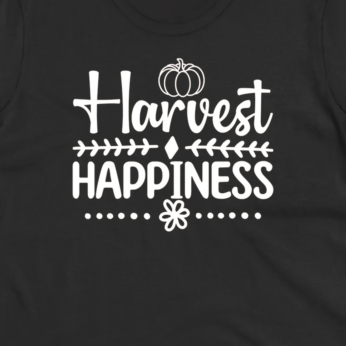 Harvest Happiness autumn sentiment design with pumpkin and floral accents.