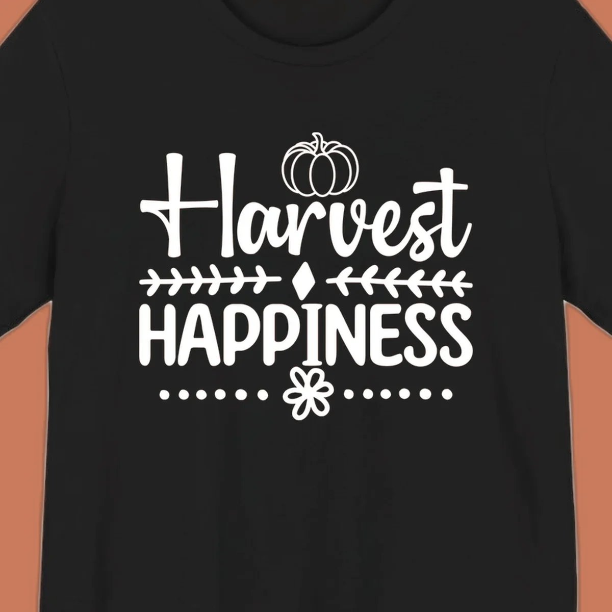 Harvest Happiness autumn sentiment design with pumpkin and floral accents.