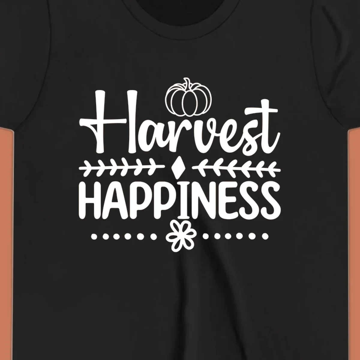 Harvest Happiness autumn sentiment design with pumpkin and floral accents.