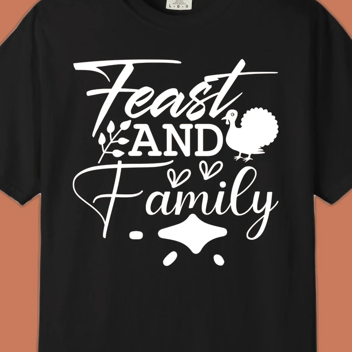 Feast and family sentiment design with turkey illustration and decorative elements.