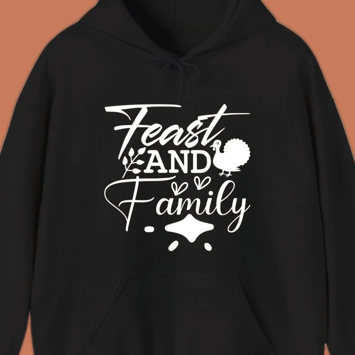 Feast and family sentiment design with turkey illustration and decorative elements.