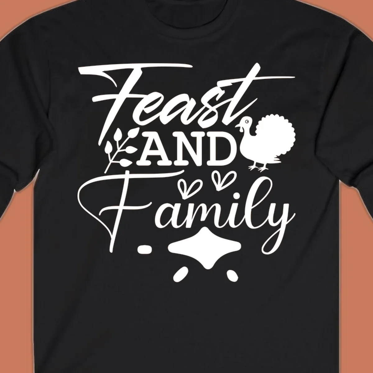 Feast and family sentiment design with turkey illustration and decorative elements.