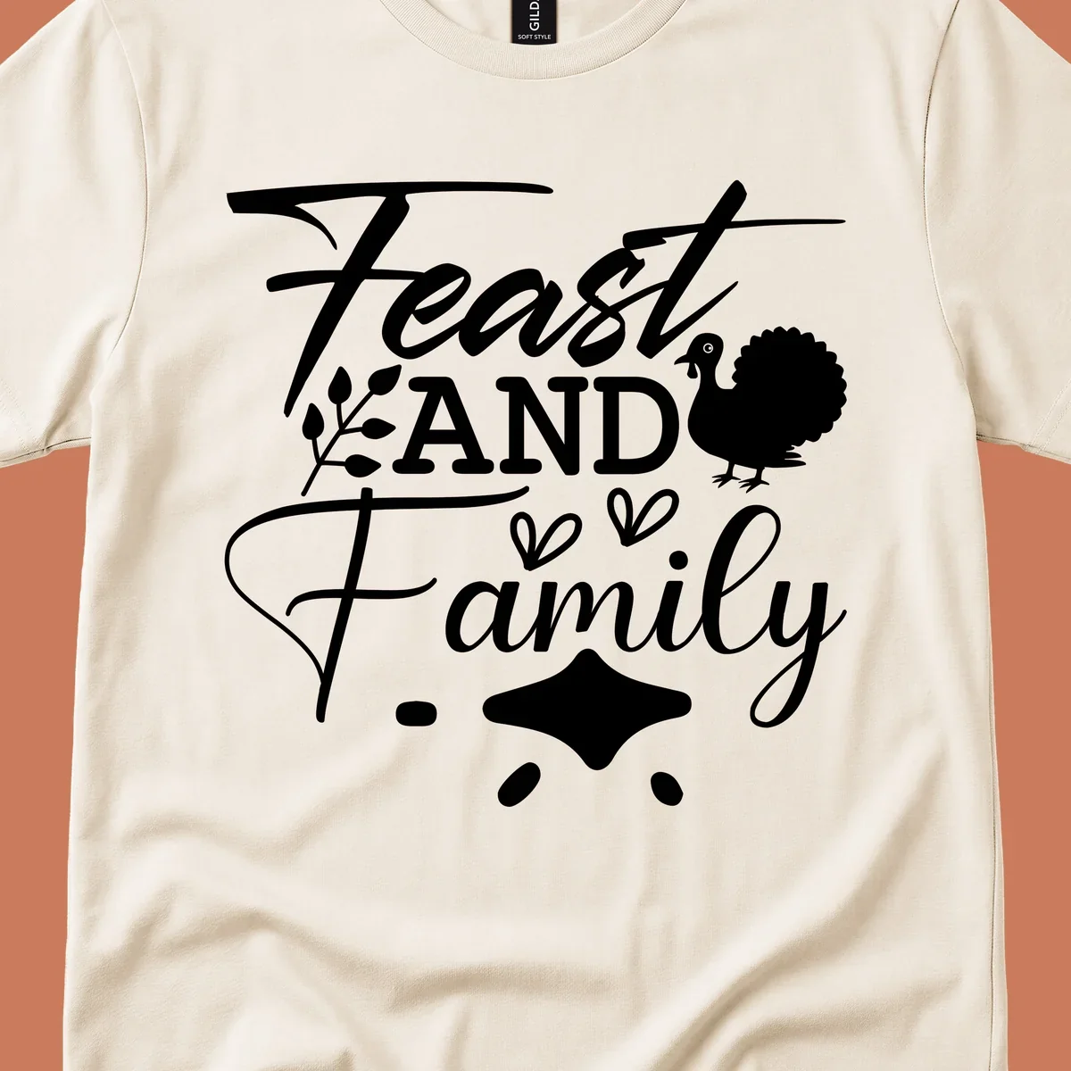 Feast and family sentiment design with turkey illustration and decorative elements.