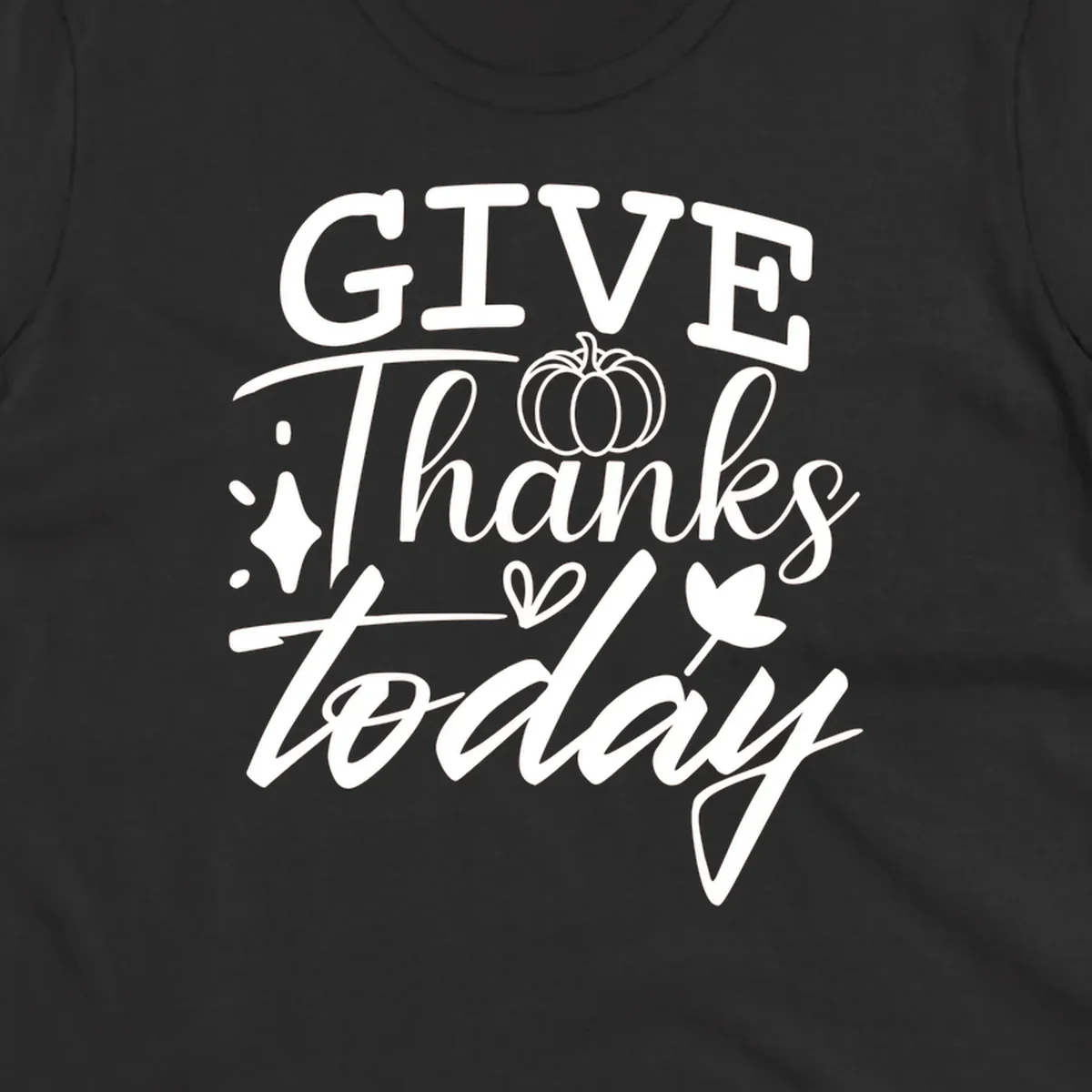 Give Thanks Today typography design with pumpkin and leaf elements.
