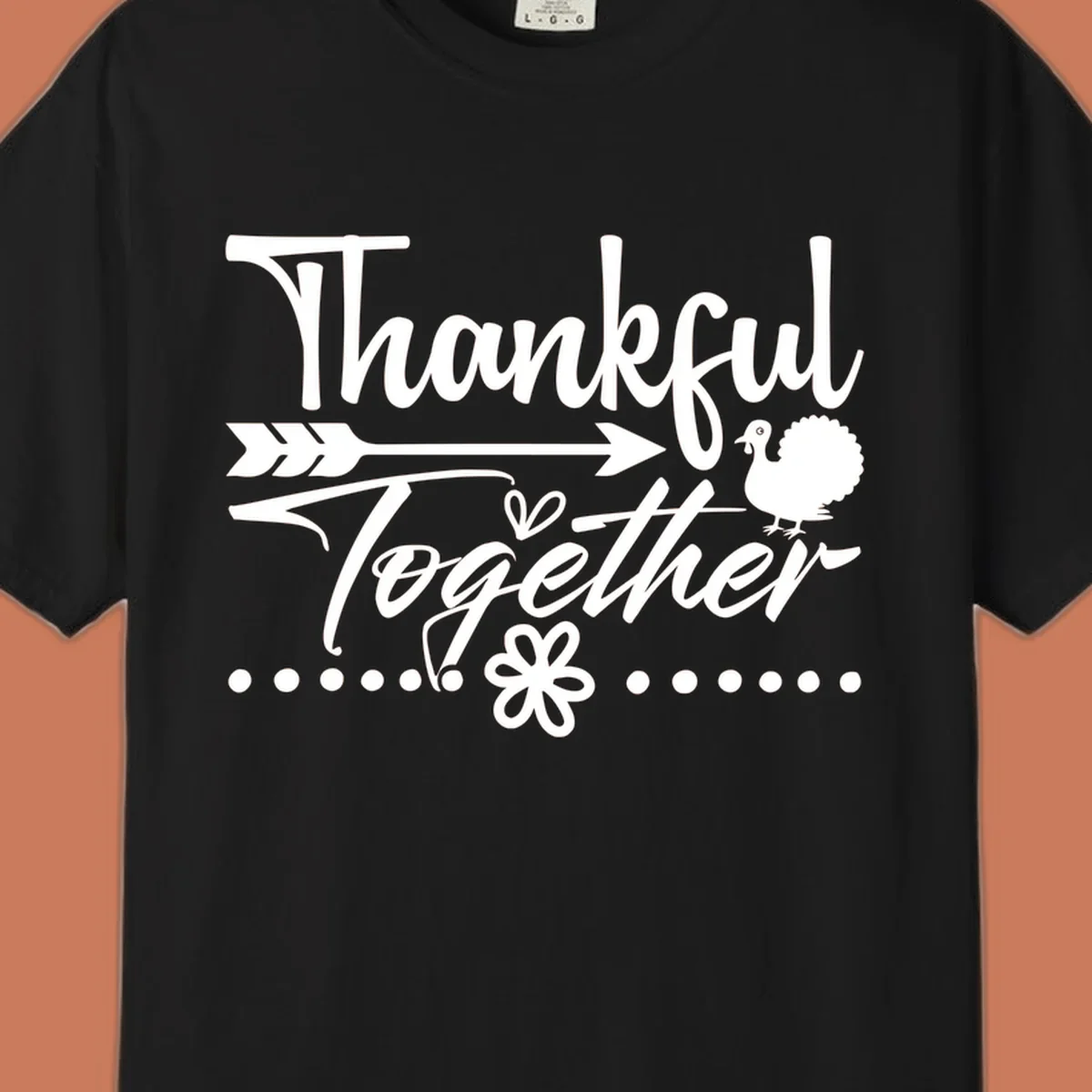 Thankful Together harvest sentiment script text with arrow and turkey illustration.