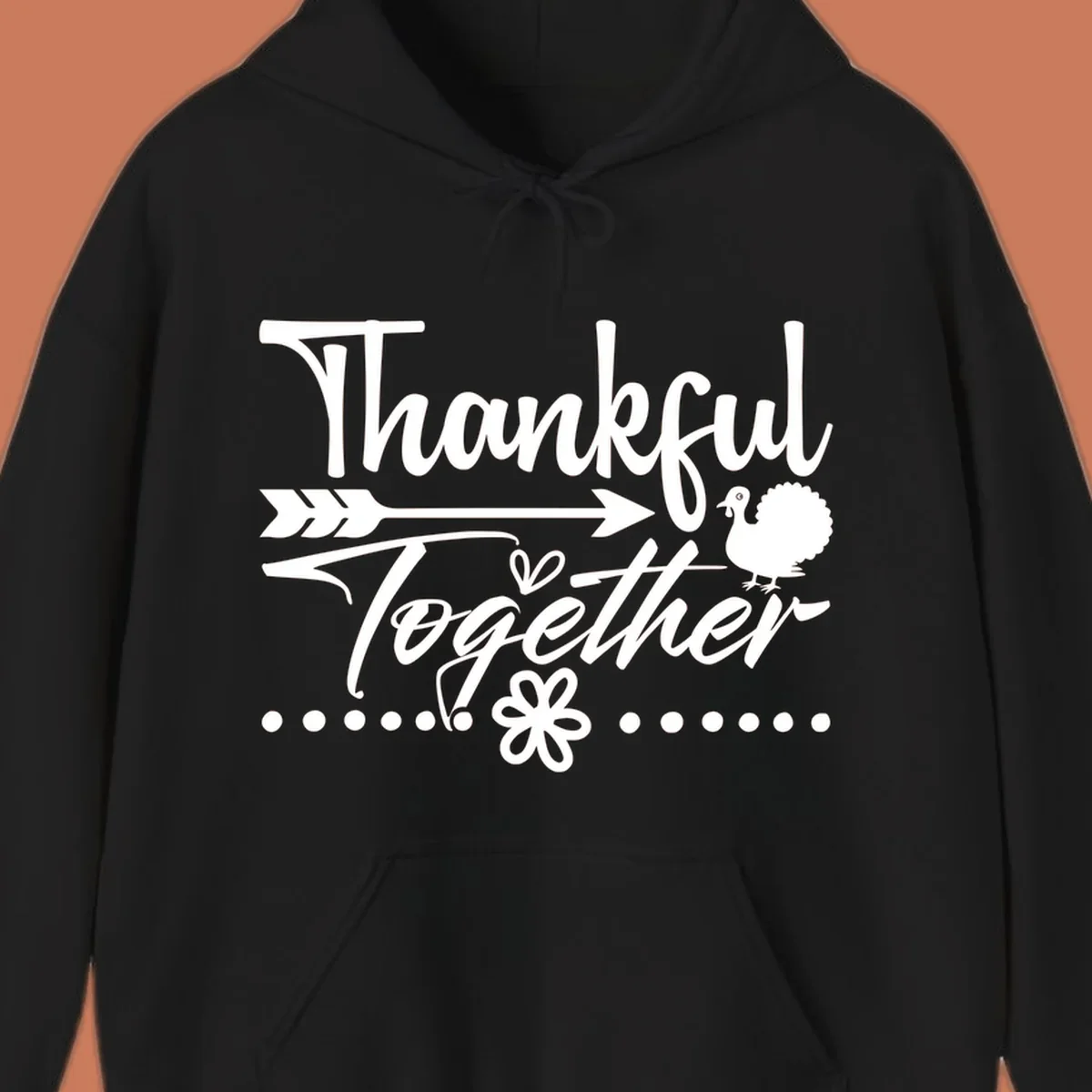 Thankful Together harvest sentiment script text with arrow and turkey illustration.