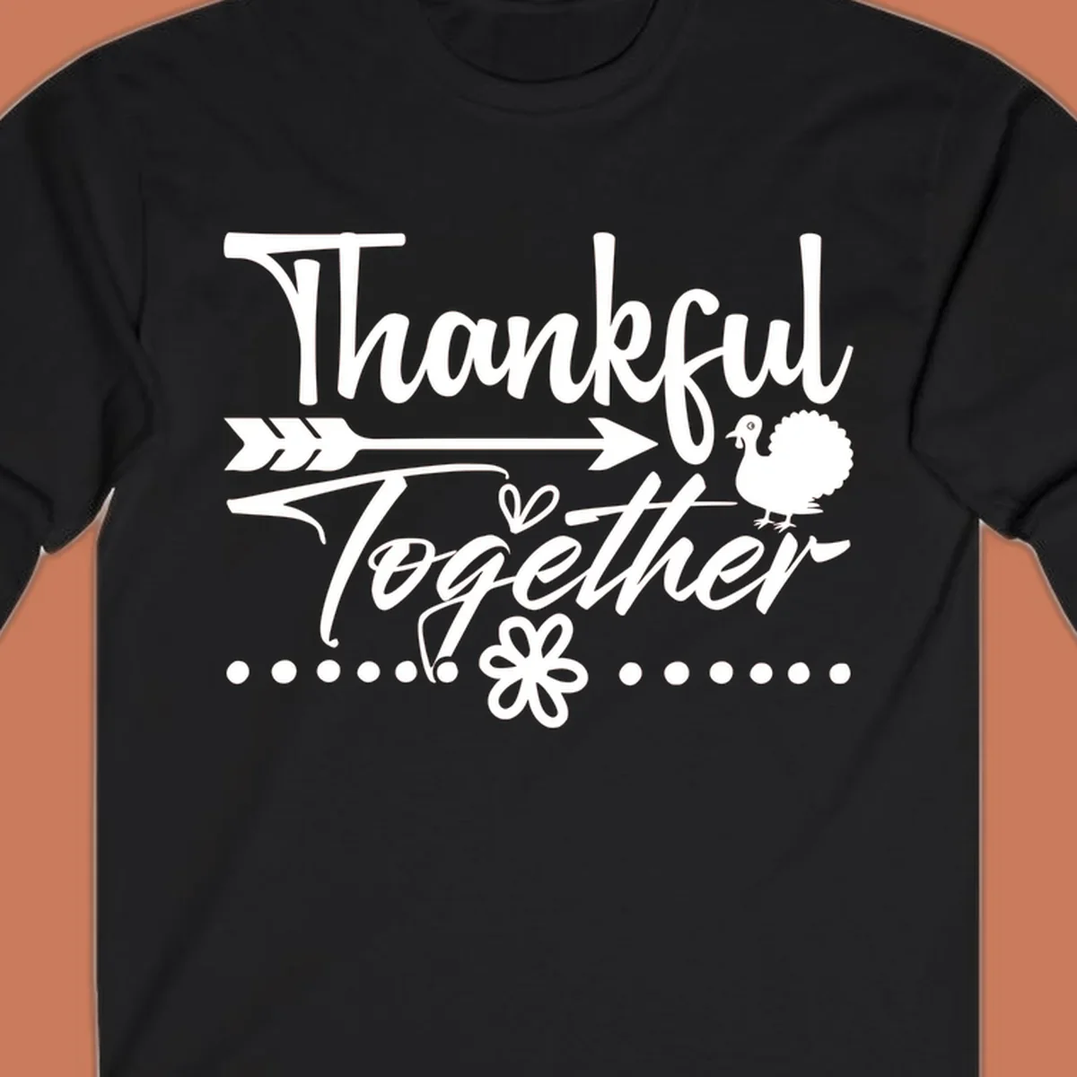 Thankful Together harvest sentiment script text with arrow and turkey illustration.