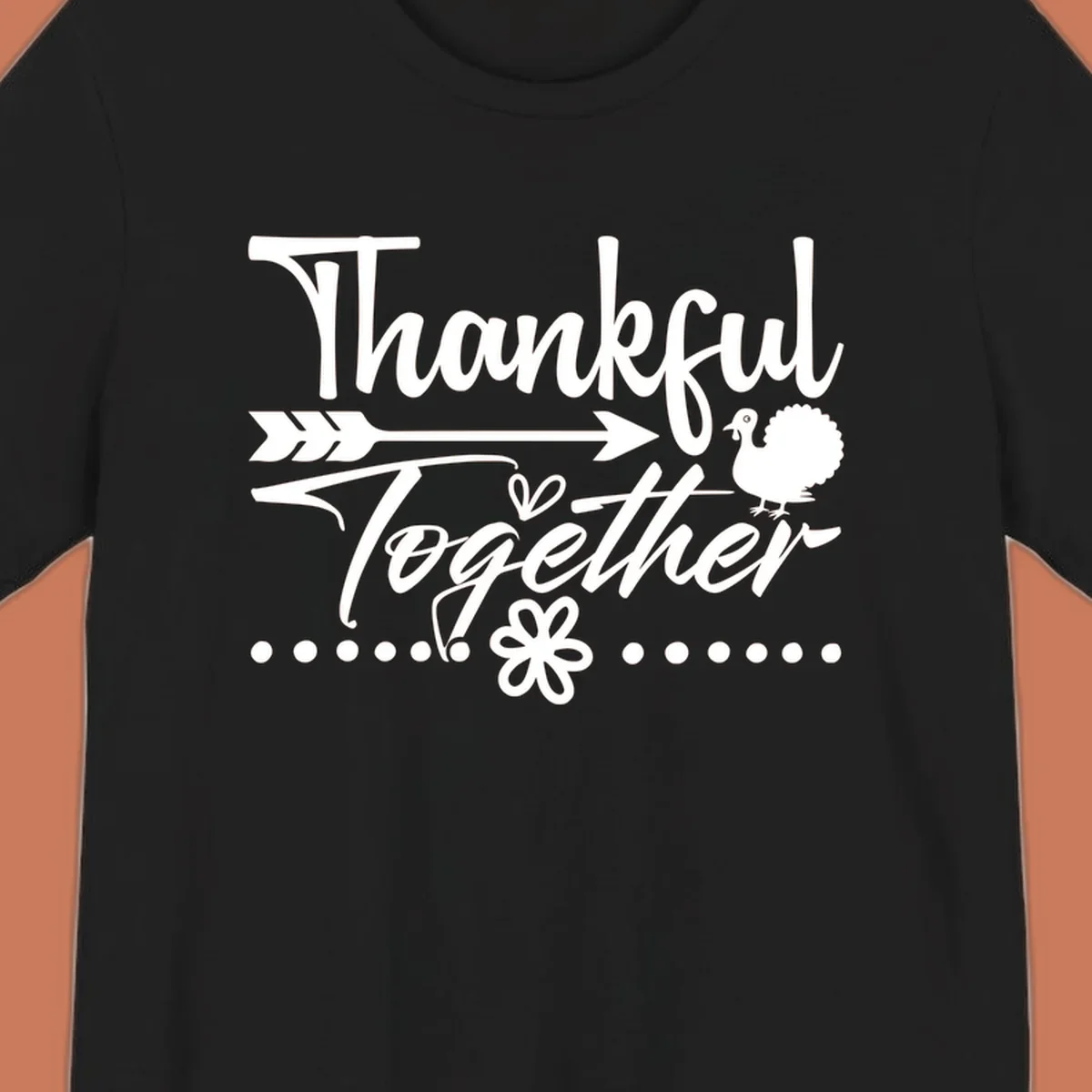 Thankful Together harvest sentiment script text with arrow and turkey illustration.