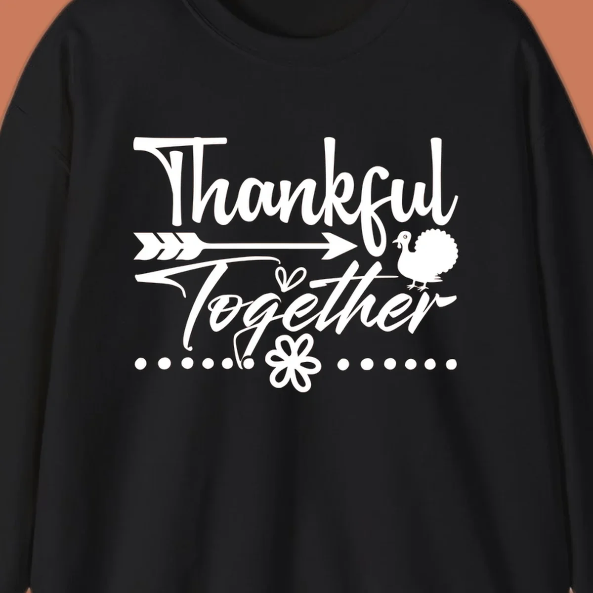 Thankful Together harvest sentiment script text with arrow and turkey illustration.