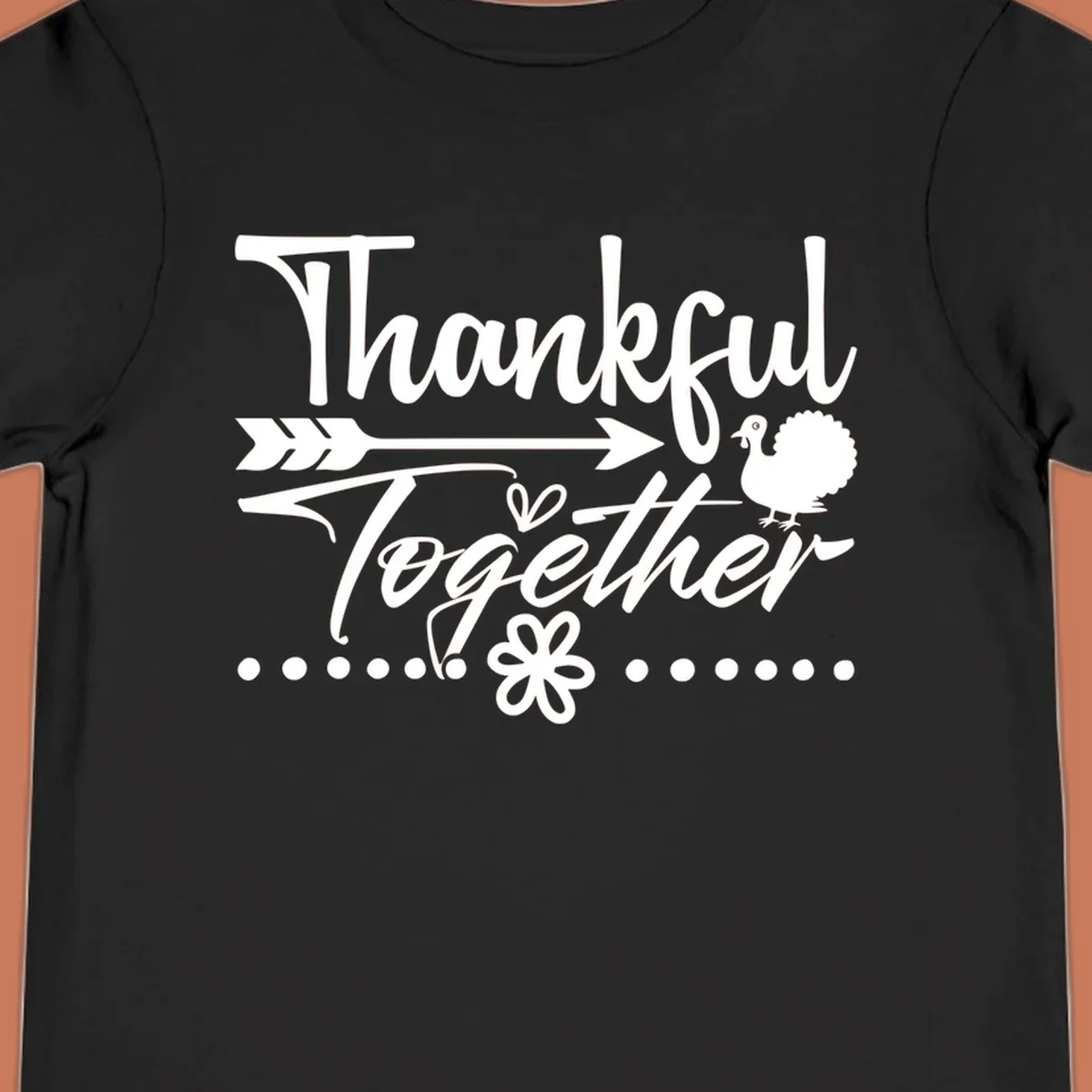 Thankful Together harvest sentiment script text with arrow and turkey illustration.