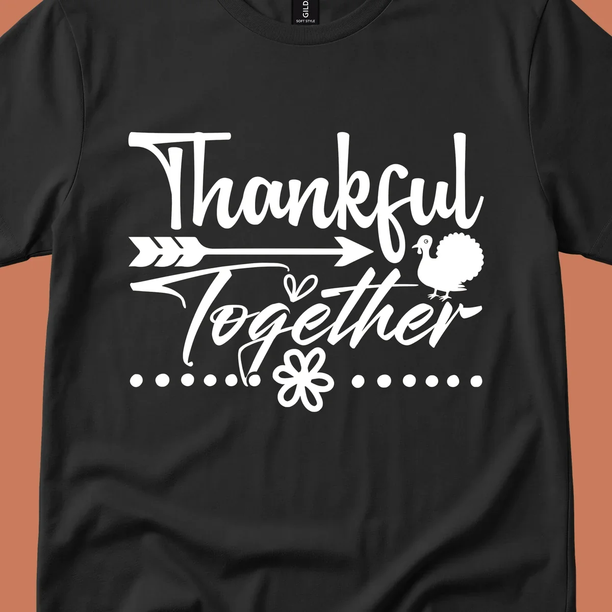 Thankful Together harvest sentiment script text with arrow and turkey illustration.