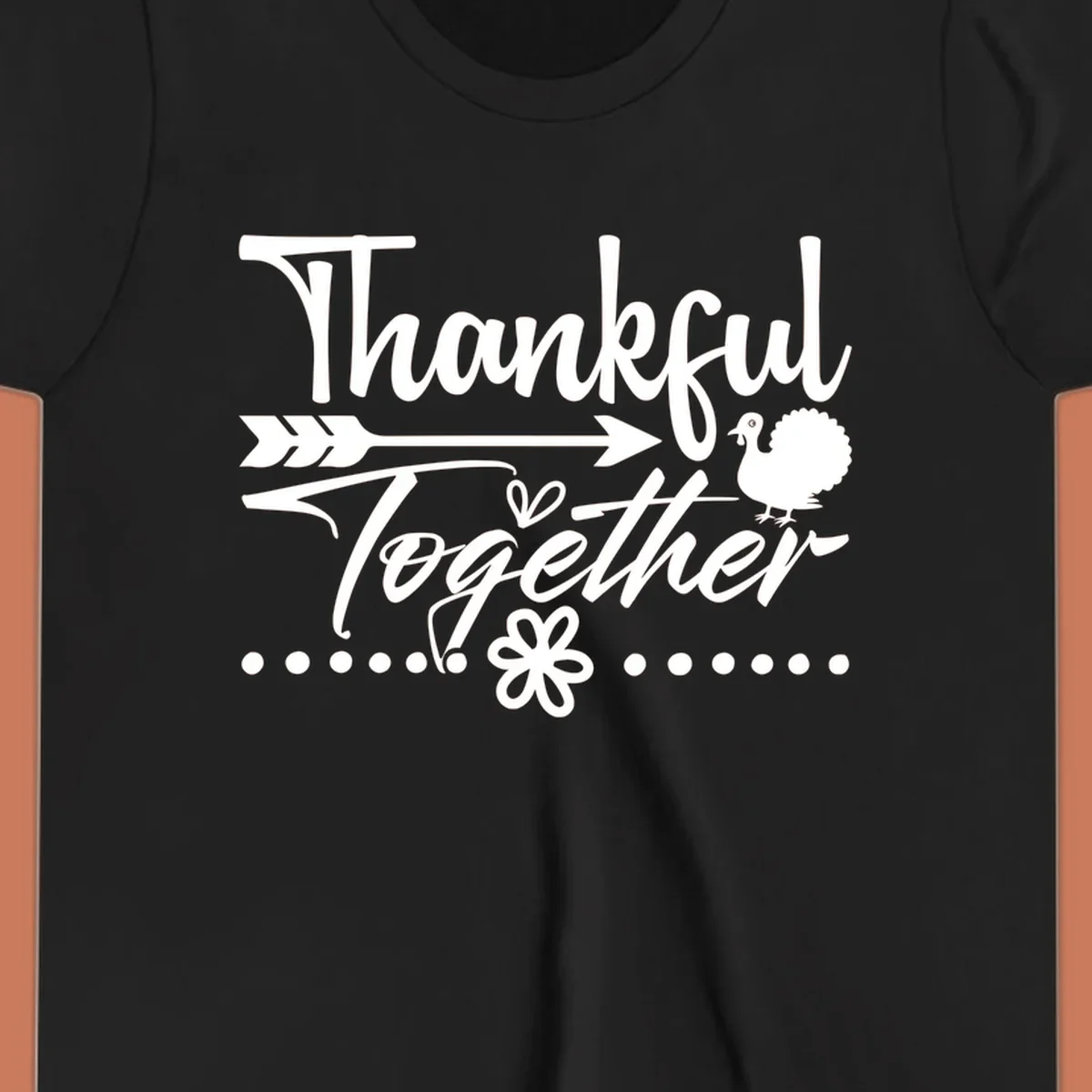 Thankful Together harvest sentiment script text with arrow and turkey illustration.