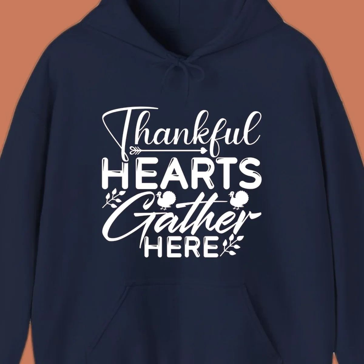 Thankful Hearts Gather Here text with turkeys and leaves for Thanksgiving. 