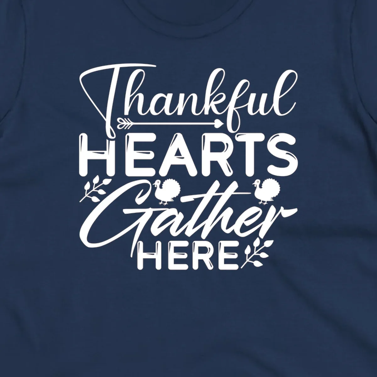 Thankful Hearts Gather Here text with turkeys and leaves for Thanksgiving. 