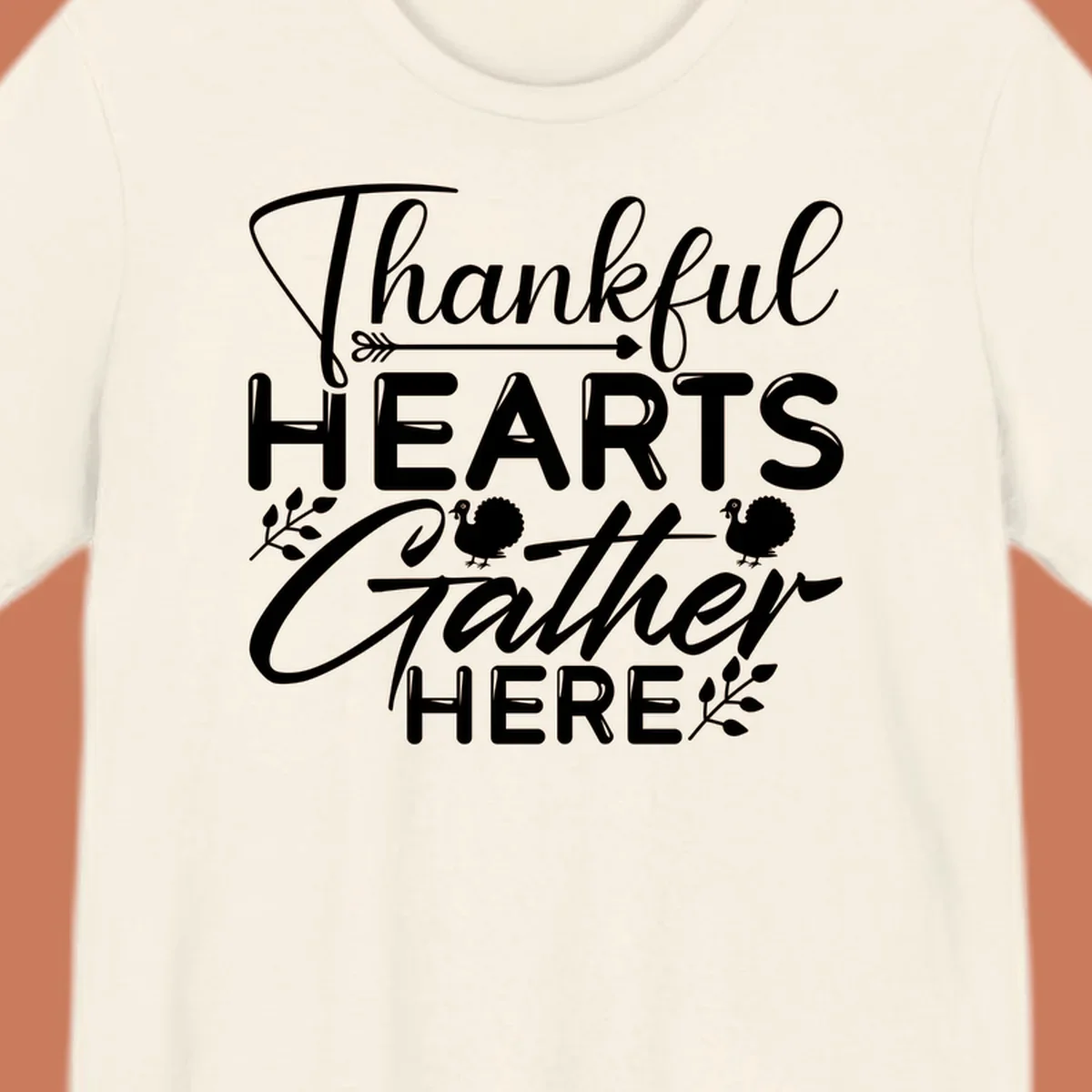 Thankful Hearts Gather Here text with turkeys and leaves for Thanksgiving. 