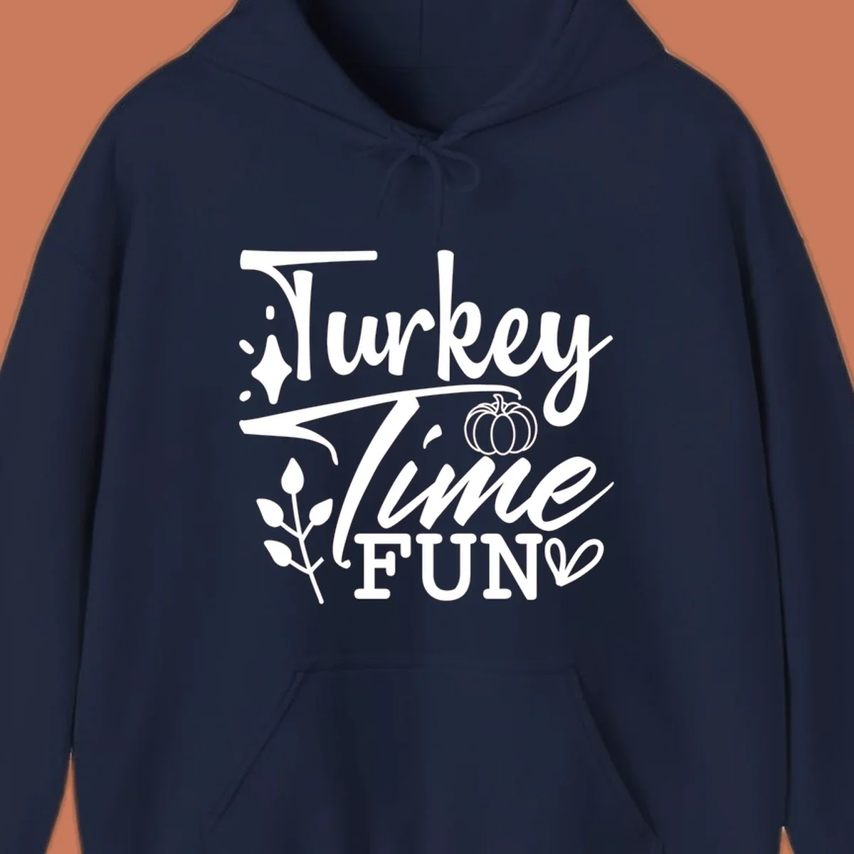 Thanksgiving Turkey Time Fun design with text, pumpkin, and leaves.