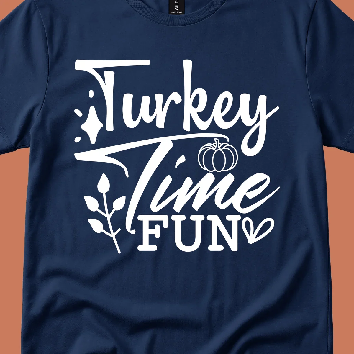 Thanksgiving Turkey Time Fun design with text, pumpkin, and leaves.