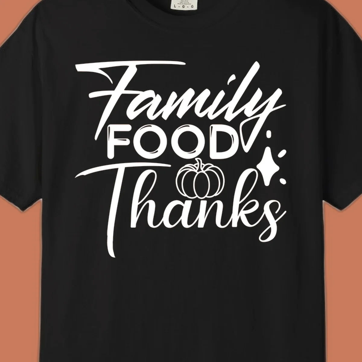 Family Food Thanks typography with pumpkin and sparkle graphics.