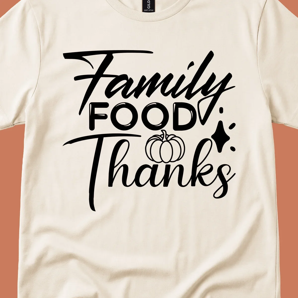 Family Food Thanks typography with pumpkin and sparkle graphics.