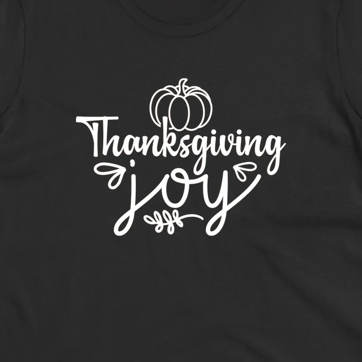 Thanksgiving Joy script text with a pumpkin illustration, for gratitude tees.