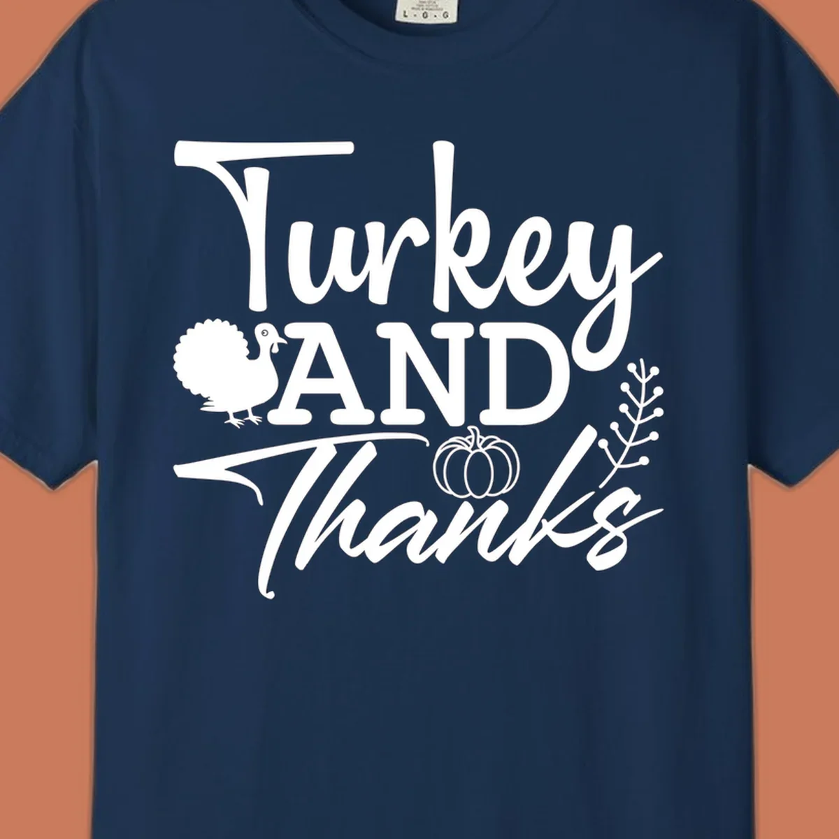 Thanksgiving turkey and thanks sentiment graphic with turkey, pumpkin, and leafy branch illustrations.