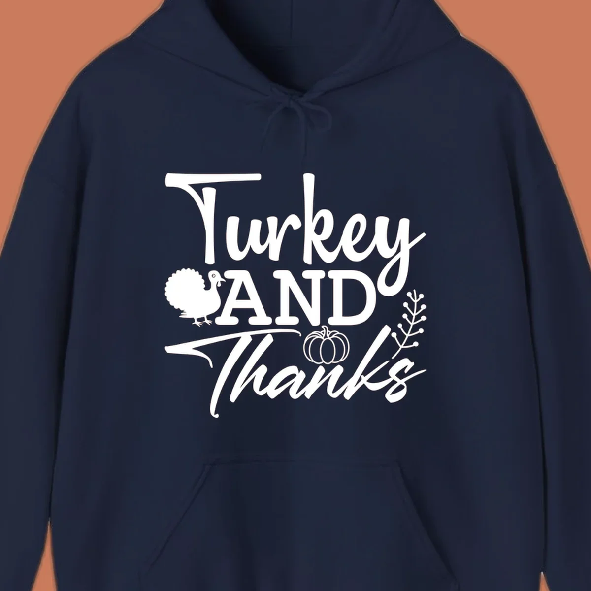 Thanksgiving turkey and thanks sentiment graphic with turkey, pumpkin, and leafy branch illustrations.