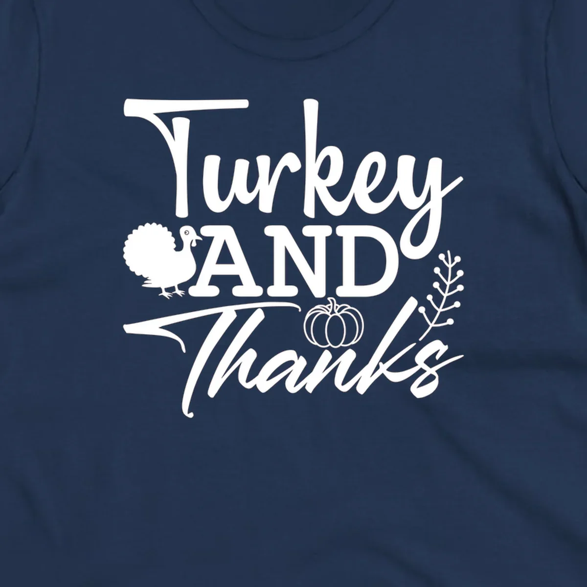 Thanksgiving turkey and thanks sentiment graphic with turkey, pumpkin, and leafy branch illustrations.