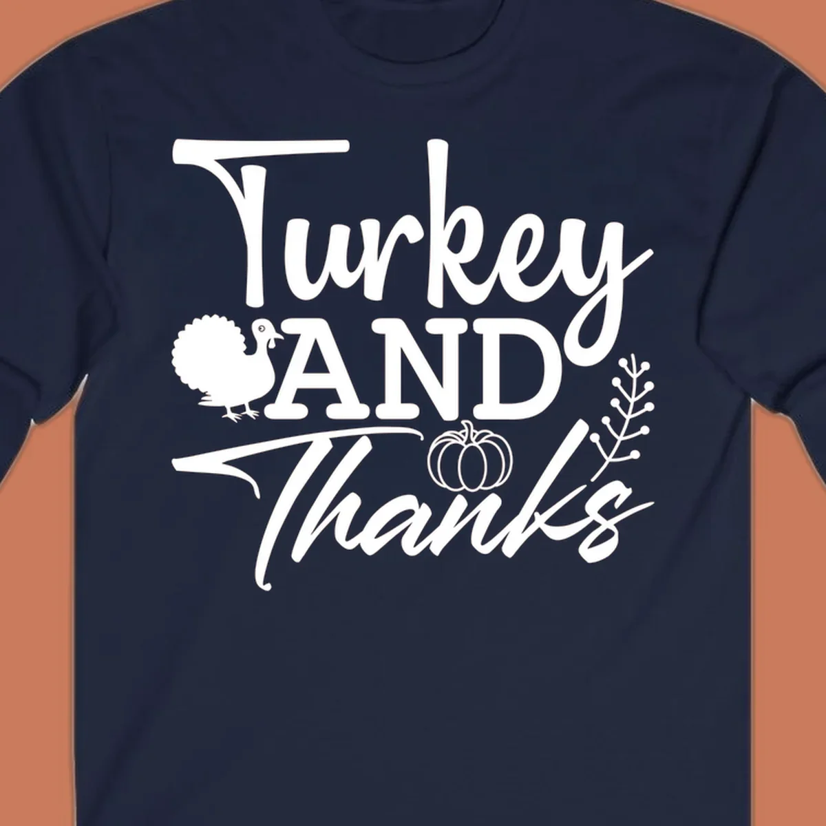 Thanksgiving turkey and thanks sentiment graphic with turkey, pumpkin, and leafy branch illustrations.