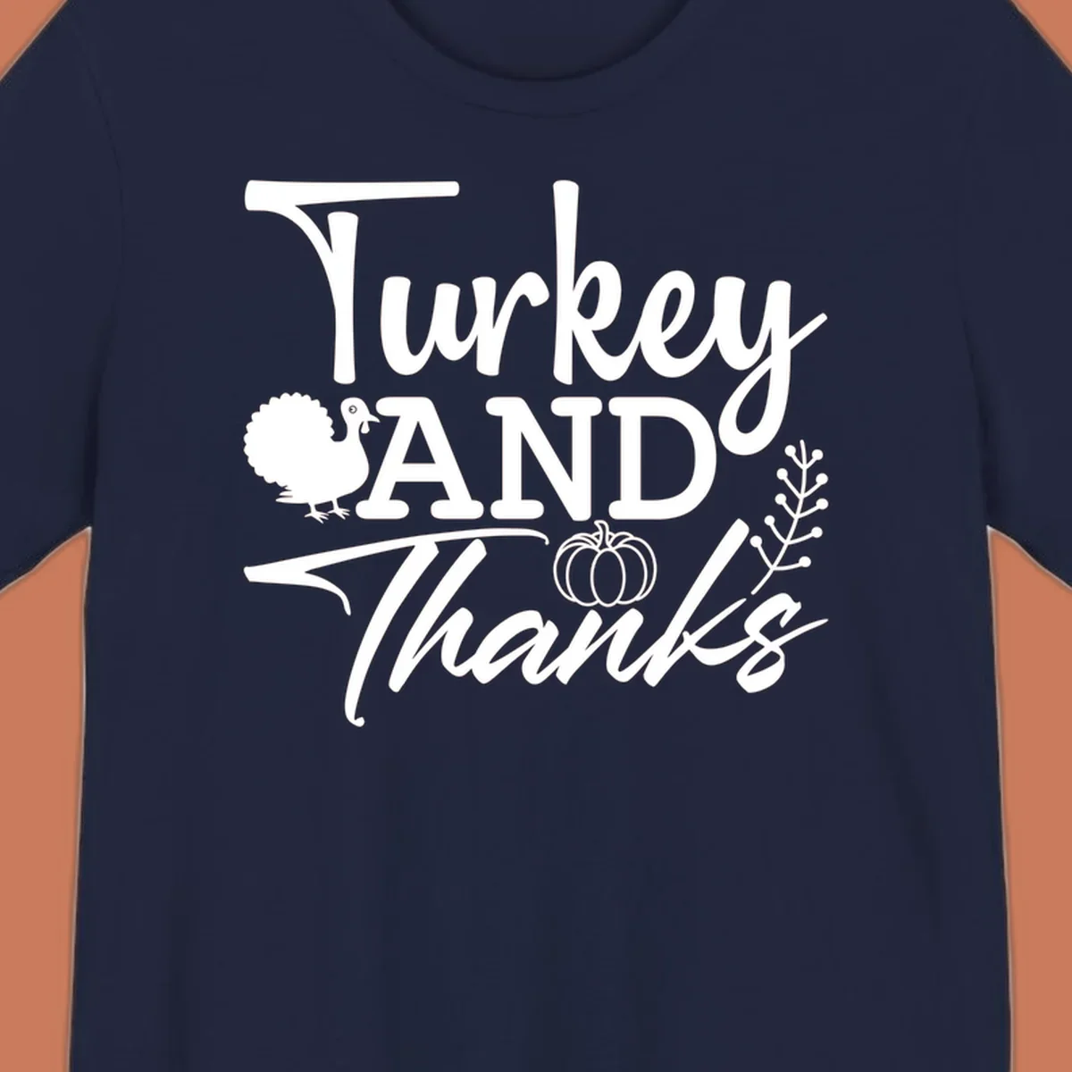 Thanksgiving turkey and thanks sentiment graphic with turkey, pumpkin, and leafy branch illustrations.