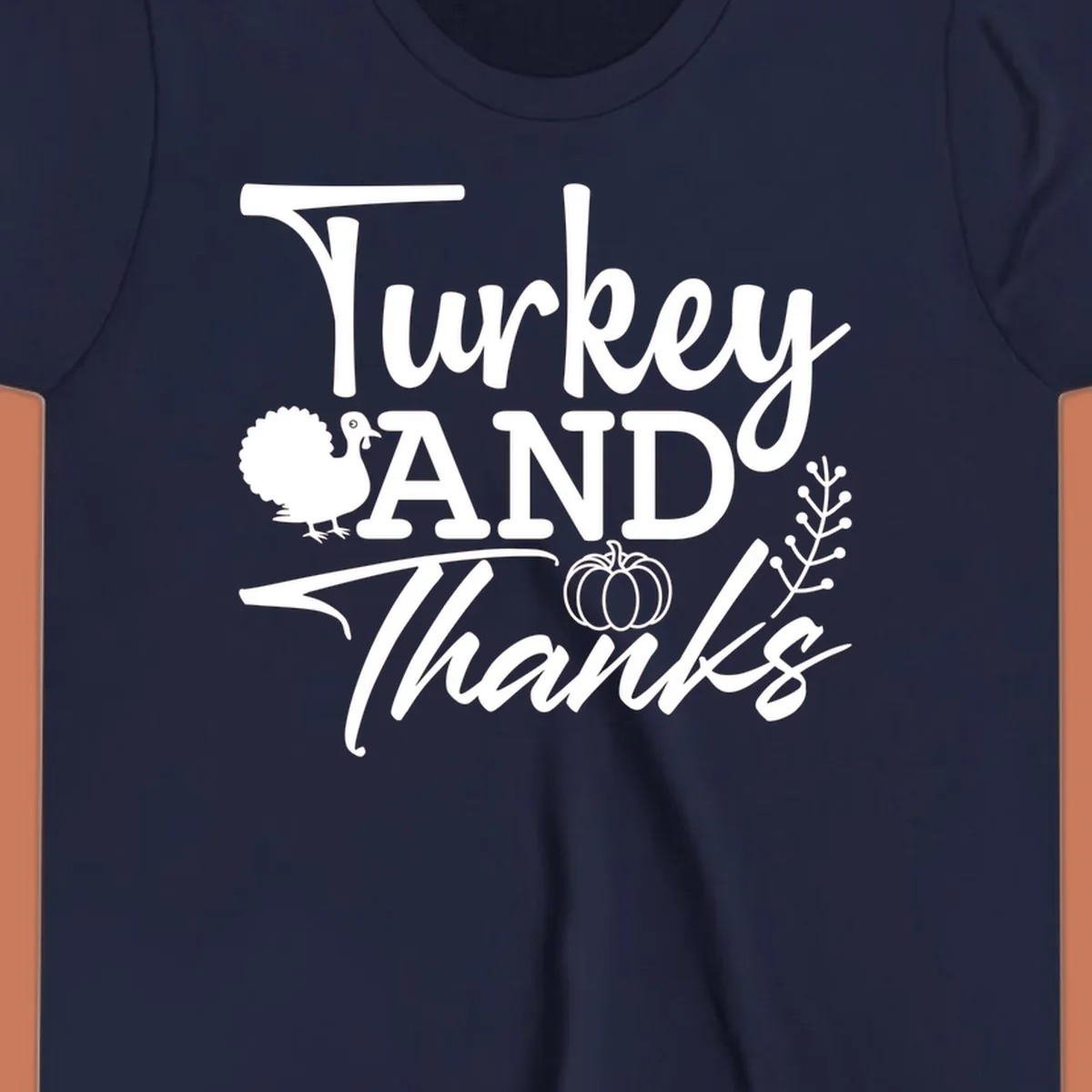 Thanksgiving turkey and thanks sentiment graphic with turkey, pumpkin, and leafy branch illustrations.