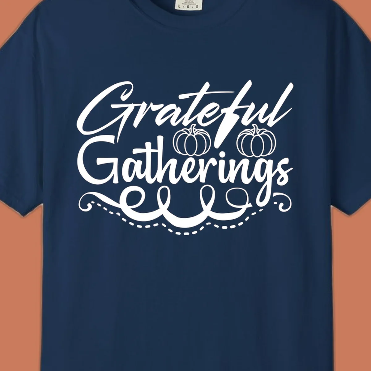 Grateful Gatherings text with pumpkins, fall graphic for t-shirts