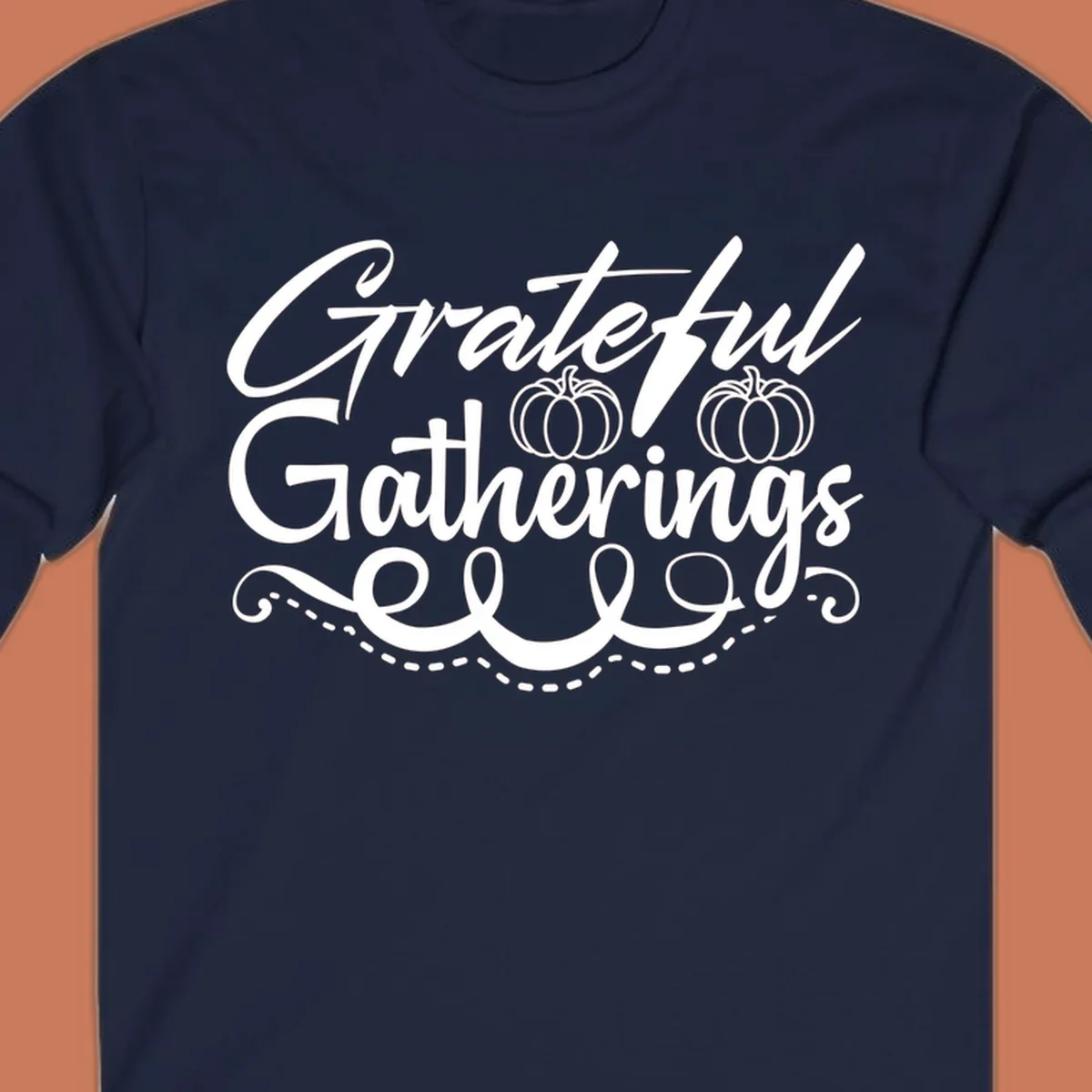 Grateful Gatherings text with pumpkins, fall graphic for t-shirts