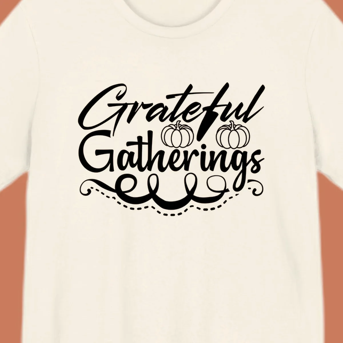 Grateful Gatherings text with pumpkins, fall graphic for t-shirts