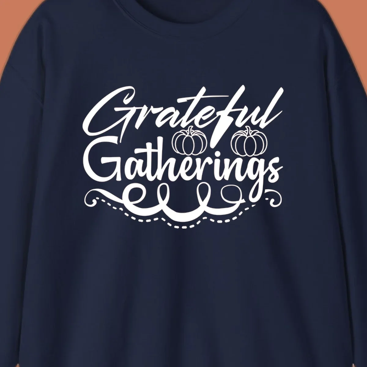 Grateful Gatherings text with pumpkins, fall graphic for t-shirts