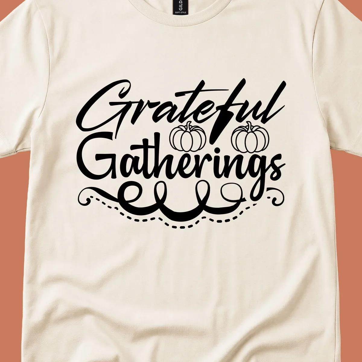Grateful Gatherings text with pumpkins, fall graphic for t-shirts